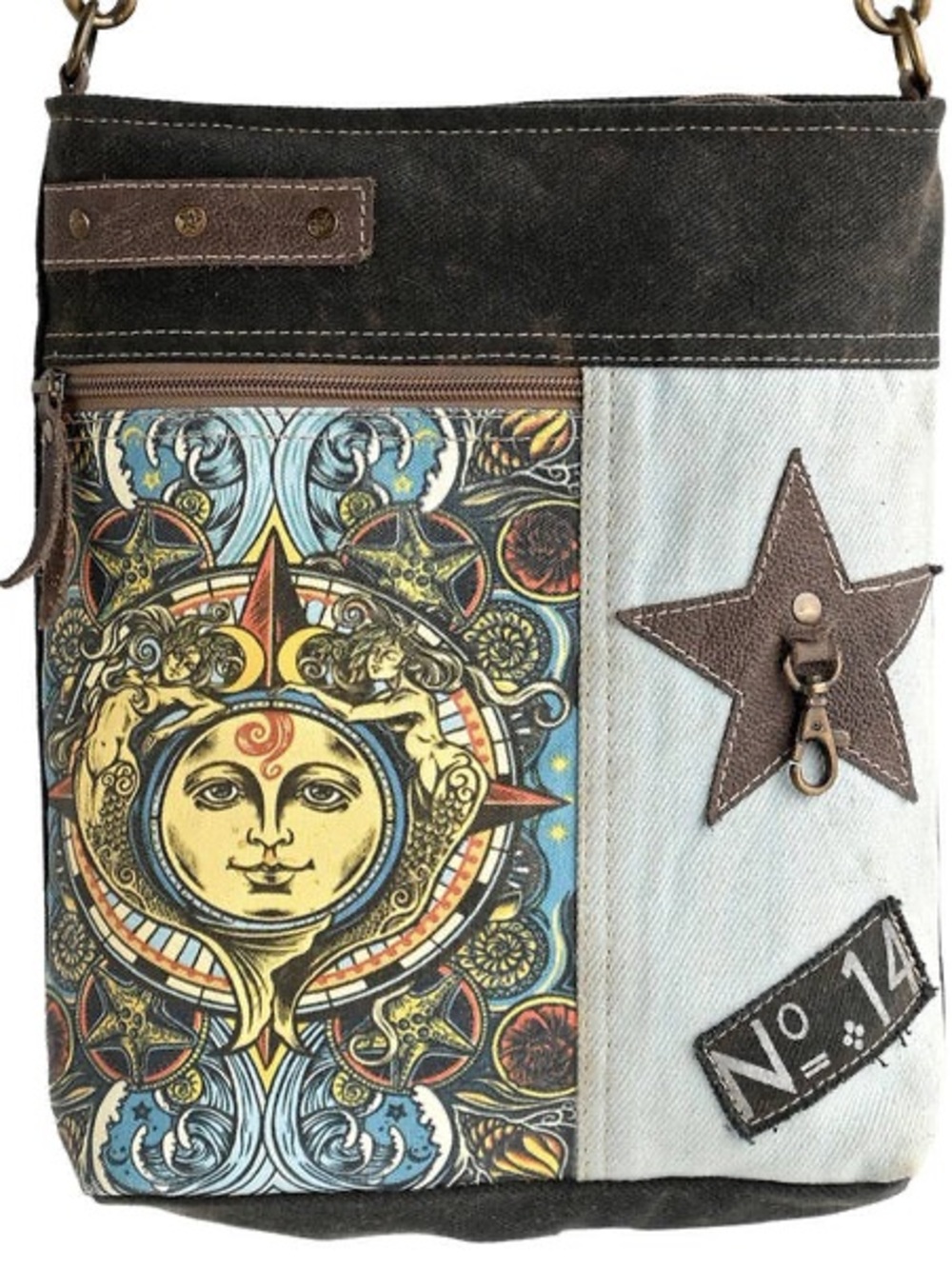 Artistic Sun Motif Canvas Crossbody Bag - Blue, Brown